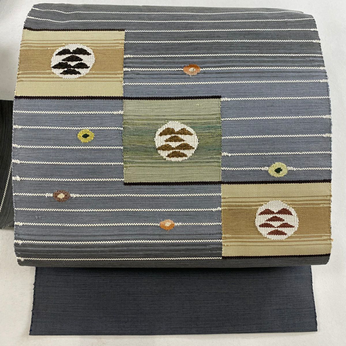 名古屋帶 美品 秀品級 松樹 縞 灰綠 純蠶絲