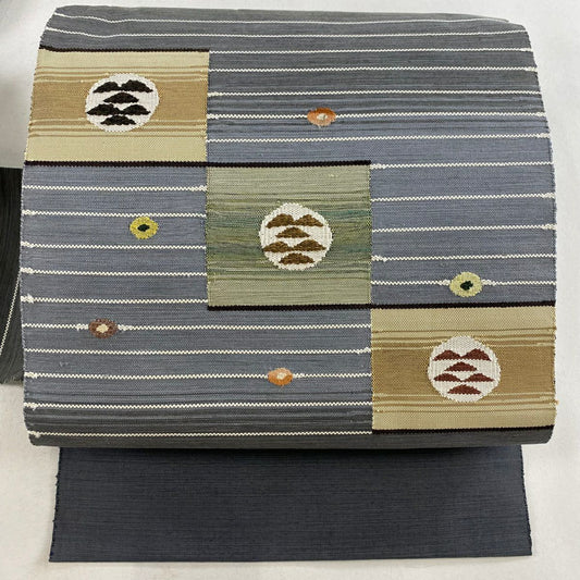 名古屋帶 美品 秀品級 松樹 縞 灰綠 純蠶絲