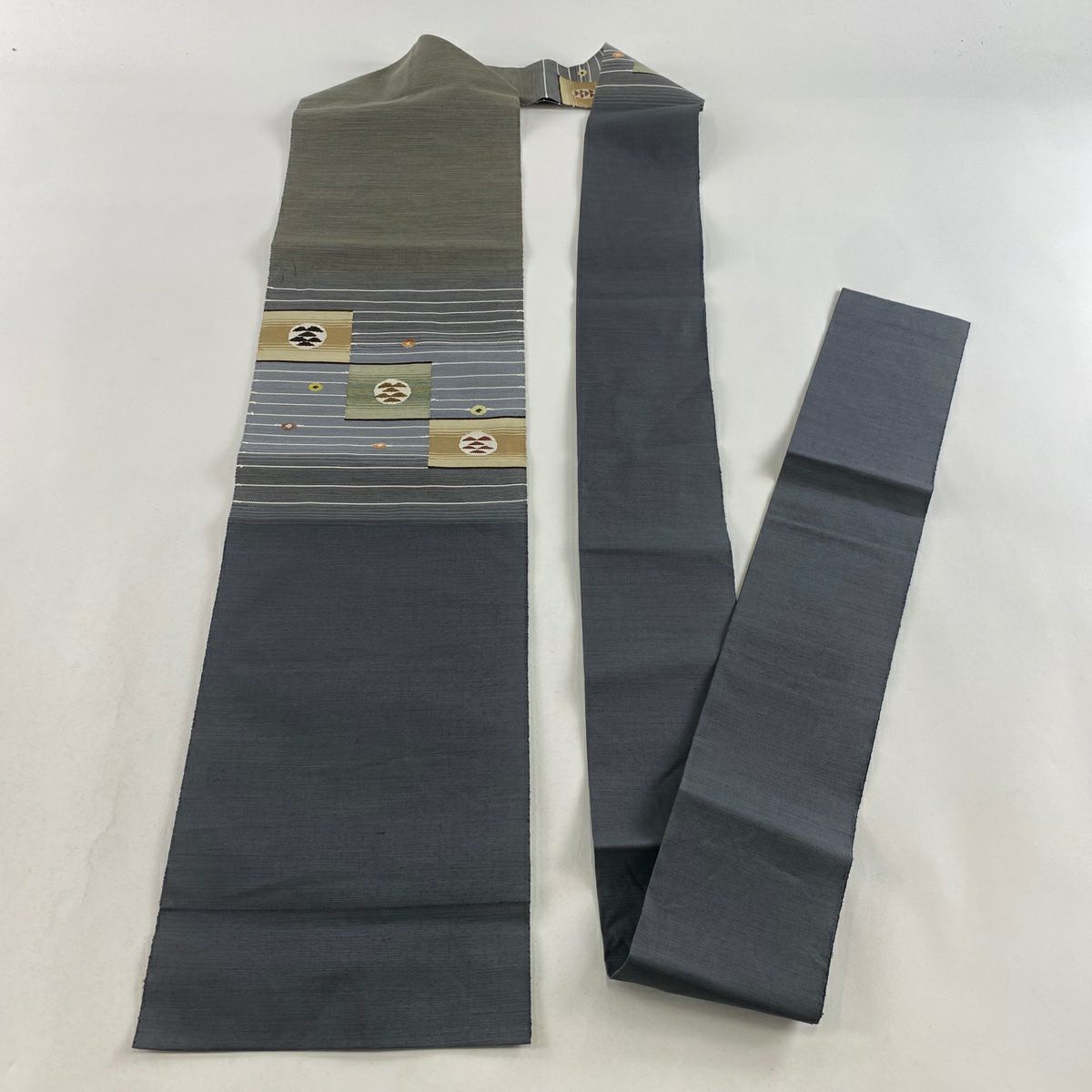 名古屋帶 美品 秀品級 松樹 縞 灰綠 純蠶絲