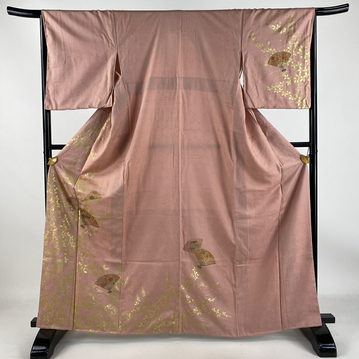 【庫存清倉】訪問服 身長165cm 袖長66cm M 雙層 扇子子 萩花 金銀彩 粉色 純蠶絲 優品級