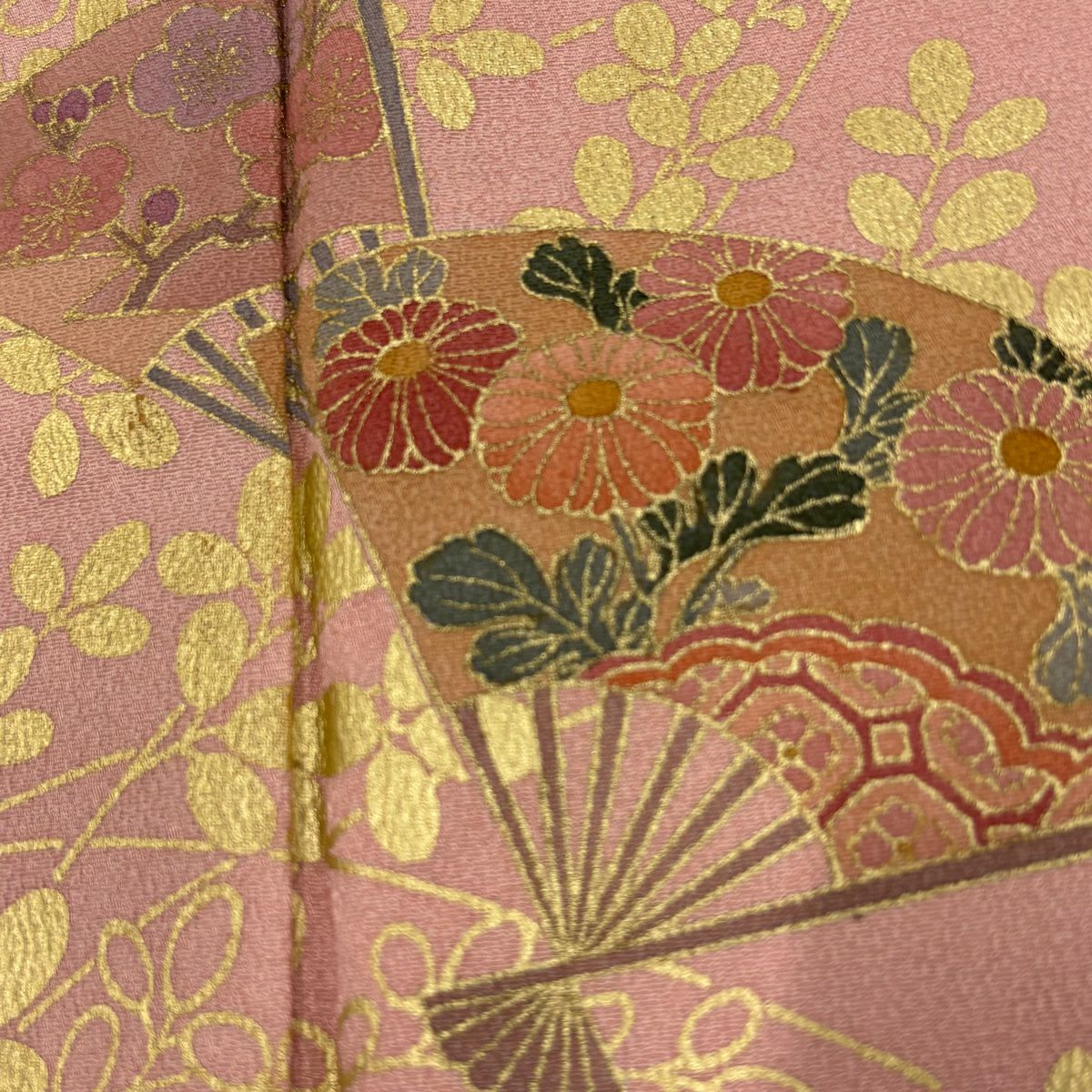 【庫存清倉】訪問服 身長165cm 袖長66cm M 雙層 扇子子 萩花 金銀彩 粉色 純蠶絲 優品級