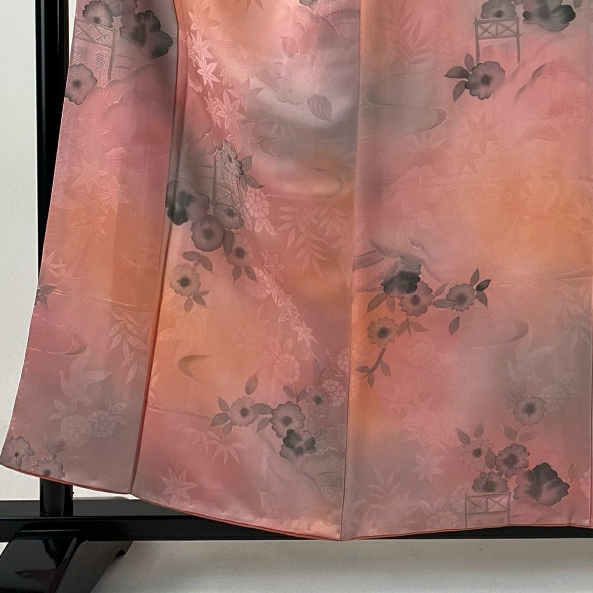 【庫存清倉】 小紋 身長157cm 袖長65.5cm M 雙層 草花紋 流水 漸層 粉紅 純蠶絲 美品 優品級