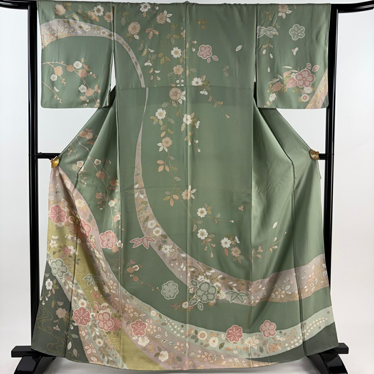 【清倉特賣】訪問服 身長163cm 袖長64cm M 雙層 梅花花 笹葉 金銀彩 淺綠 純蠶絲 名品級 一個紋