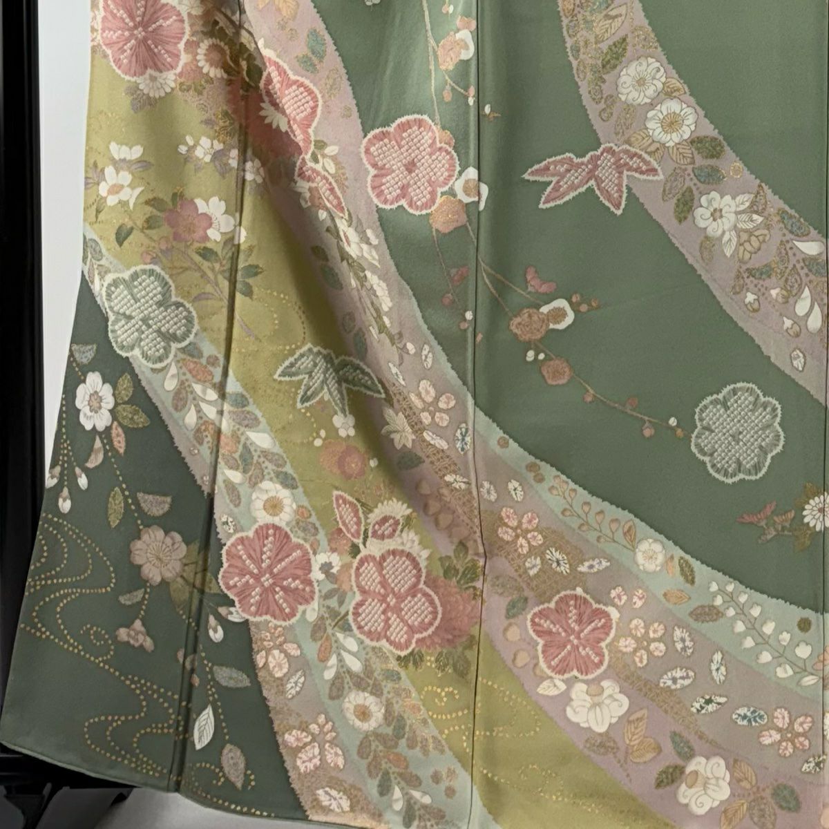 【清倉特賣】訪問服 身長163cm 袖長64cm M 雙層 梅花花 笹葉 金銀彩 淺綠 純蠶絲 名品級 一個紋