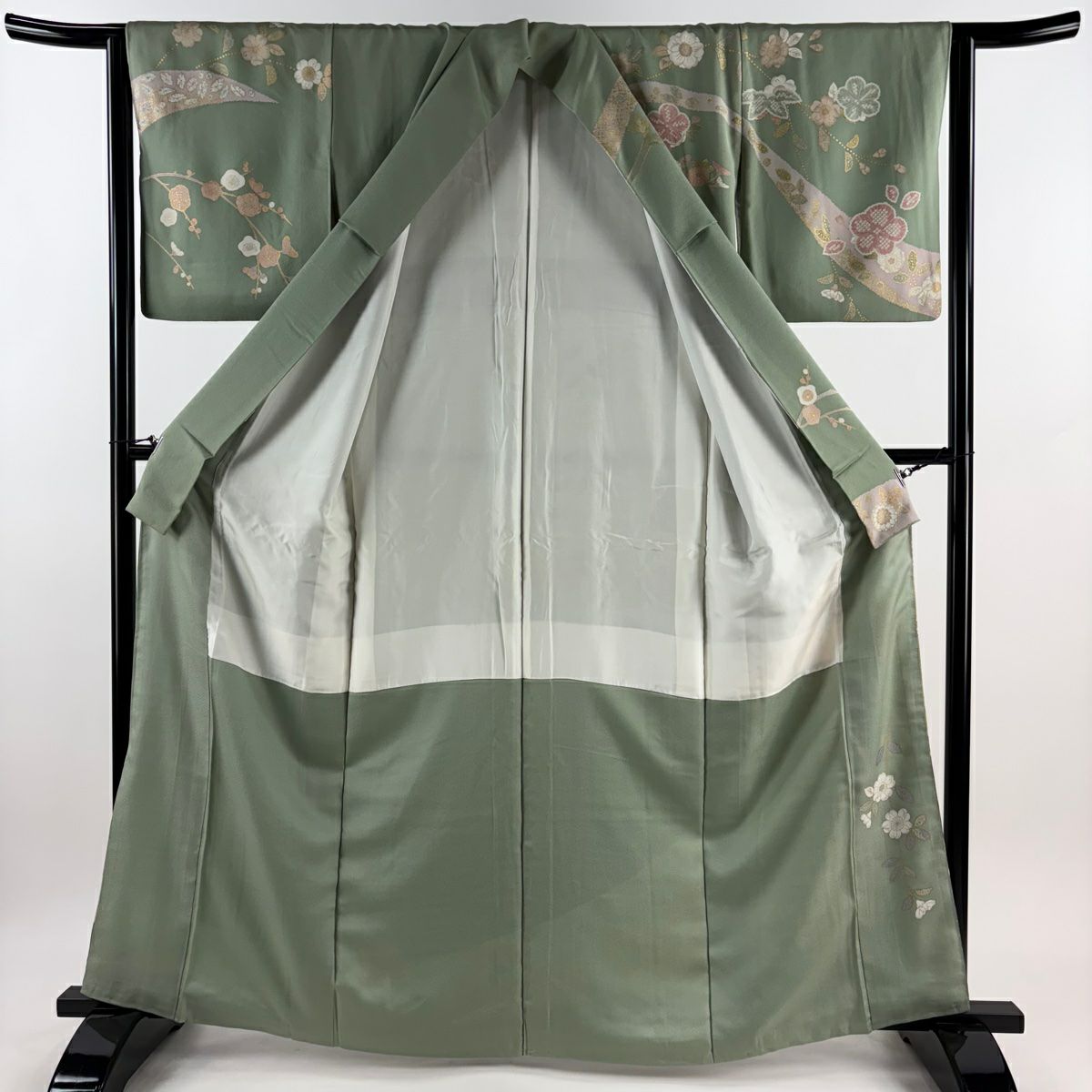 【清倉特賣】訪問服 身長163cm 袖長64cm M 雙層 梅花花 笹葉 金銀彩 淺綠 純蠶絲 名品級 一個紋