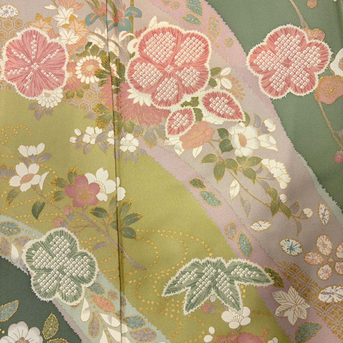 【清倉特賣】訪問服 身長163cm 袖長64cm M 雙層 梅花花 笹葉 金銀彩 淺綠 純蠶絲 名品級 一個紋