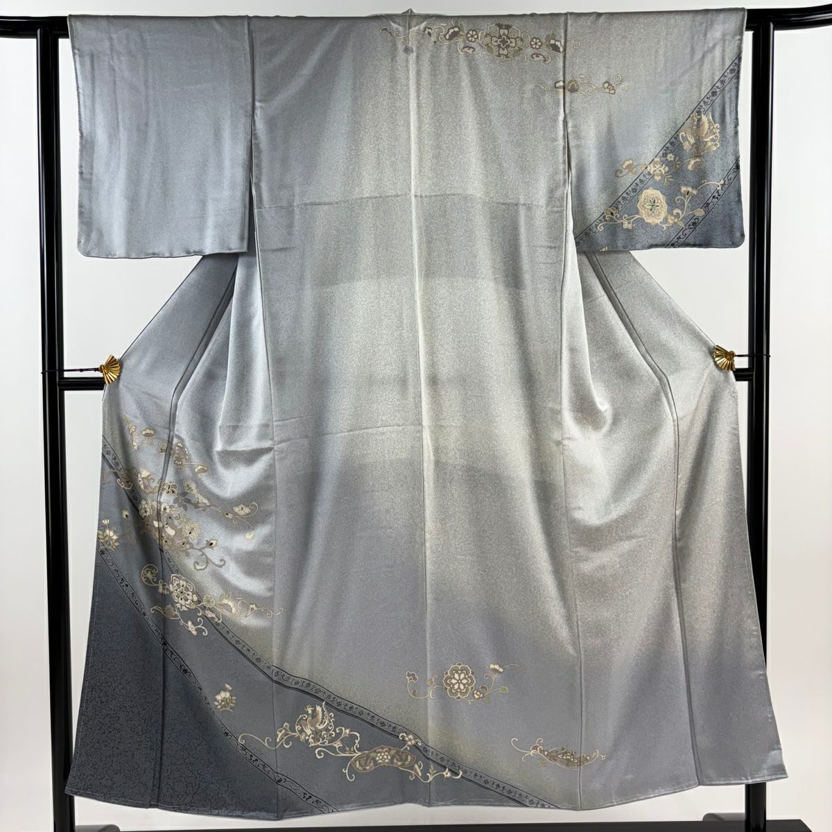 【庫存清倉】訪問服 身長150cm 袖長62.5cm S 雙層 向鳥 草花紋 金絲 金銀彩 青灰 純蠶絲 名品級 一個紋