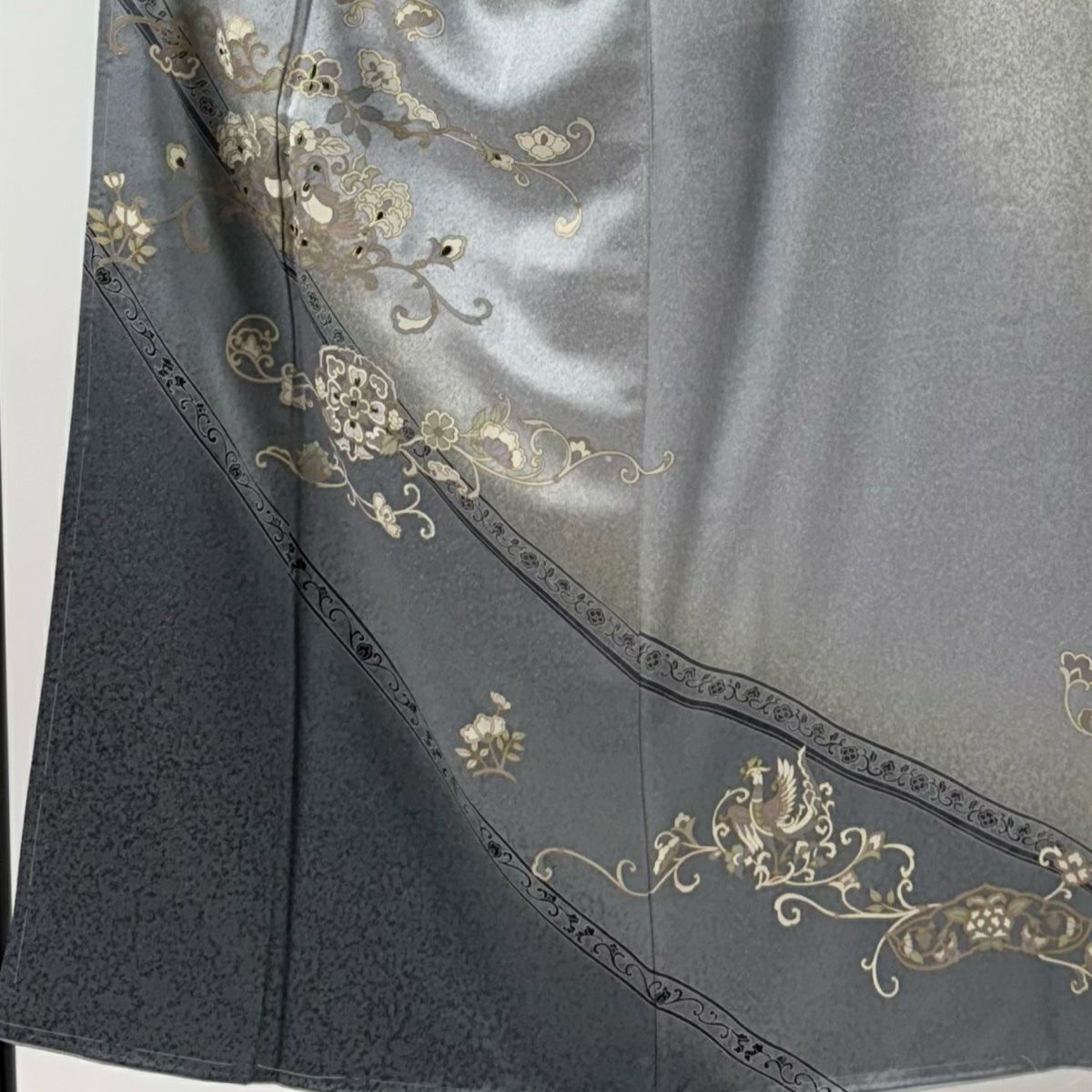 【庫存清倉】訪問服 身長150cm 袖長62.5cm S 雙層 向鳥 草花紋 金絲 金銀彩 青灰 純蠶絲 名品級 一個紋