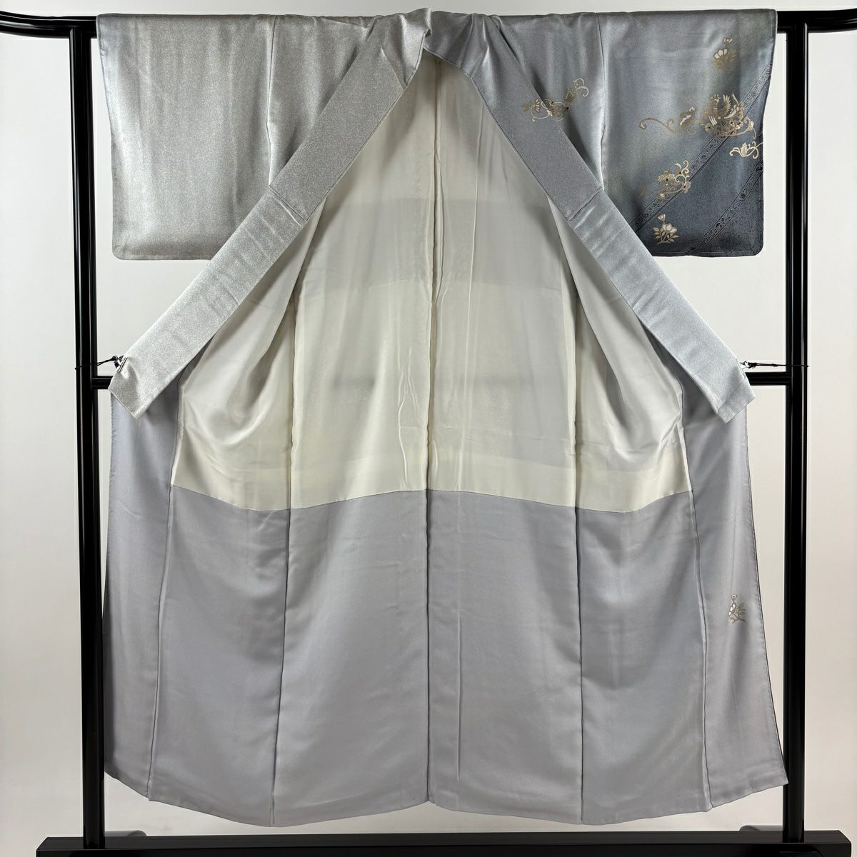 【庫存清倉】訪問服 身長150cm 袖長62.5cm S 雙層 向鳥 草花紋 金絲 金銀彩 青灰 純蠶絲 名品級 一個紋