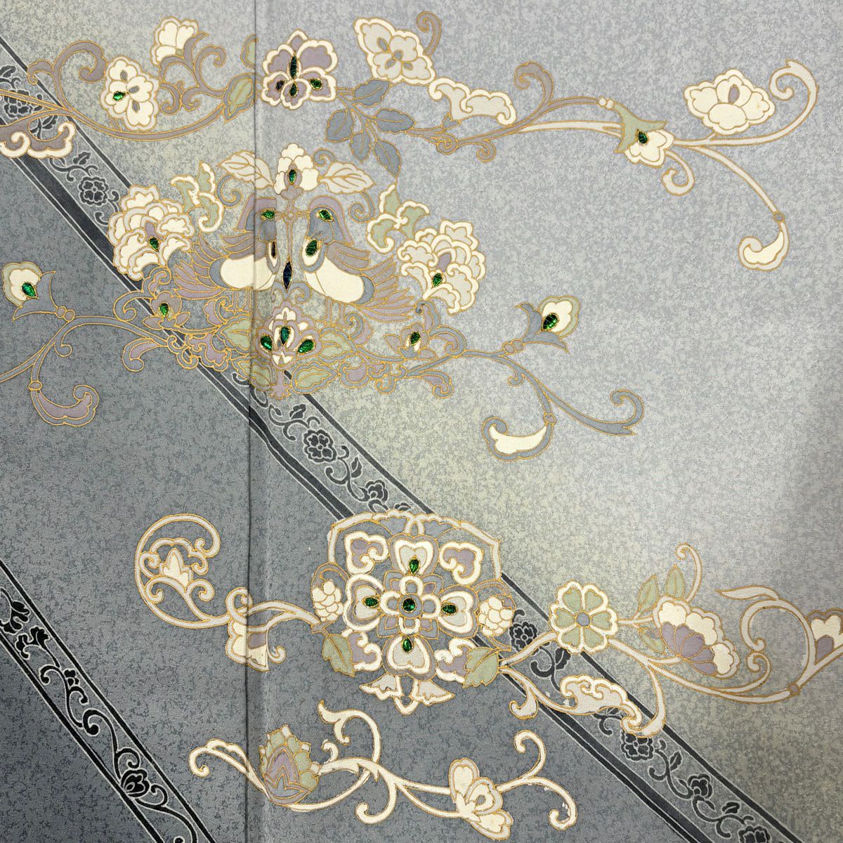 【庫存清倉】訪問服 身長150cm 袖長62.5cm S 雙層 向鳥 草花紋 金絲 金銀彩 青灰 純蠶絲 名品級 一個紋