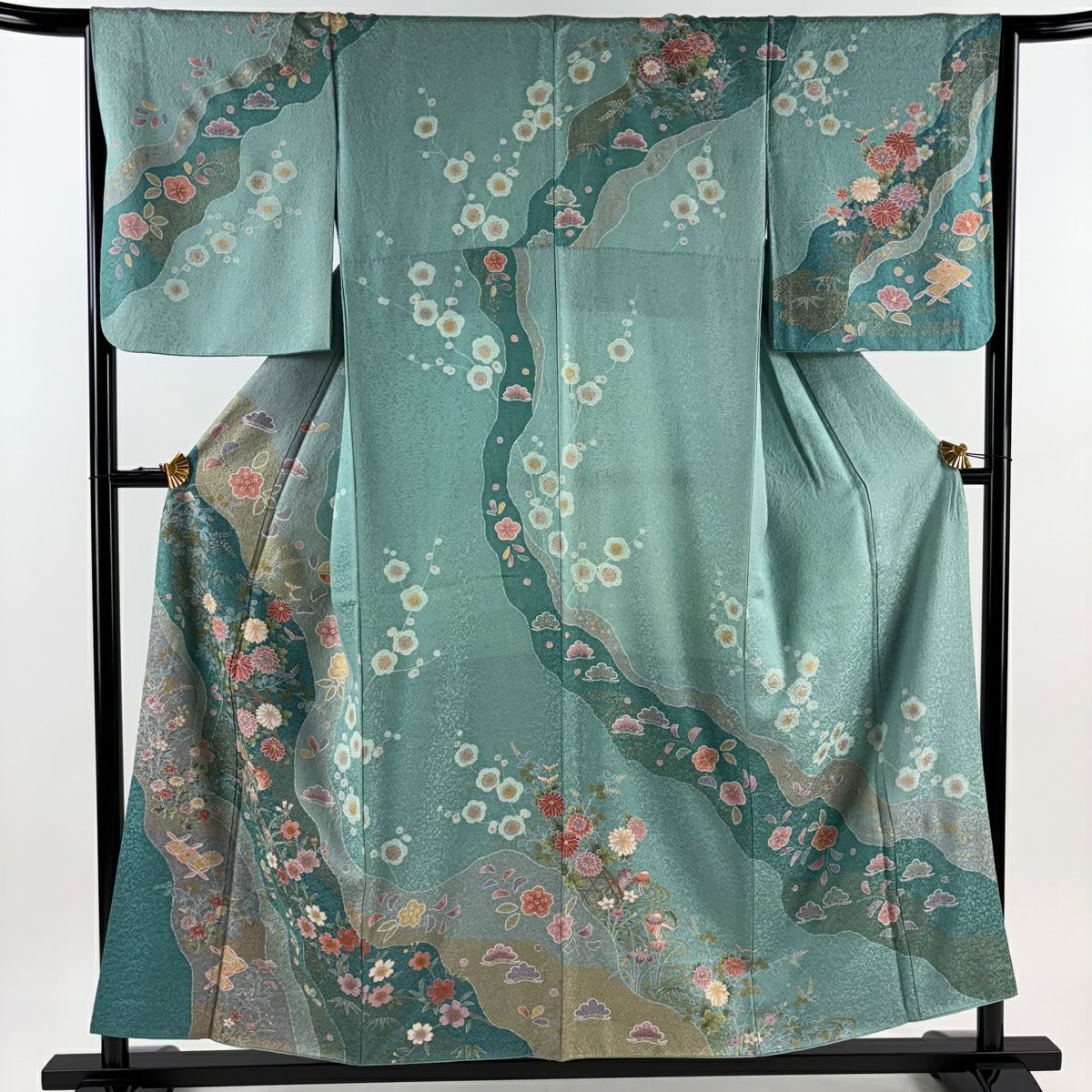 【清倉特賣】訪問服 身長155cm 袖長66.5cm M 雙層 草花紋紋 鴛鴦 金銀彩 淺青綠 純蠶絲 名品級