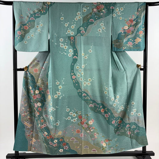 【清倉特賣】訪問服 身長155cm 袖長66.5cm M 雙層 草花紋紋 鴛鴦 金銀彩 淺青綠 純蠶絲 名品級
