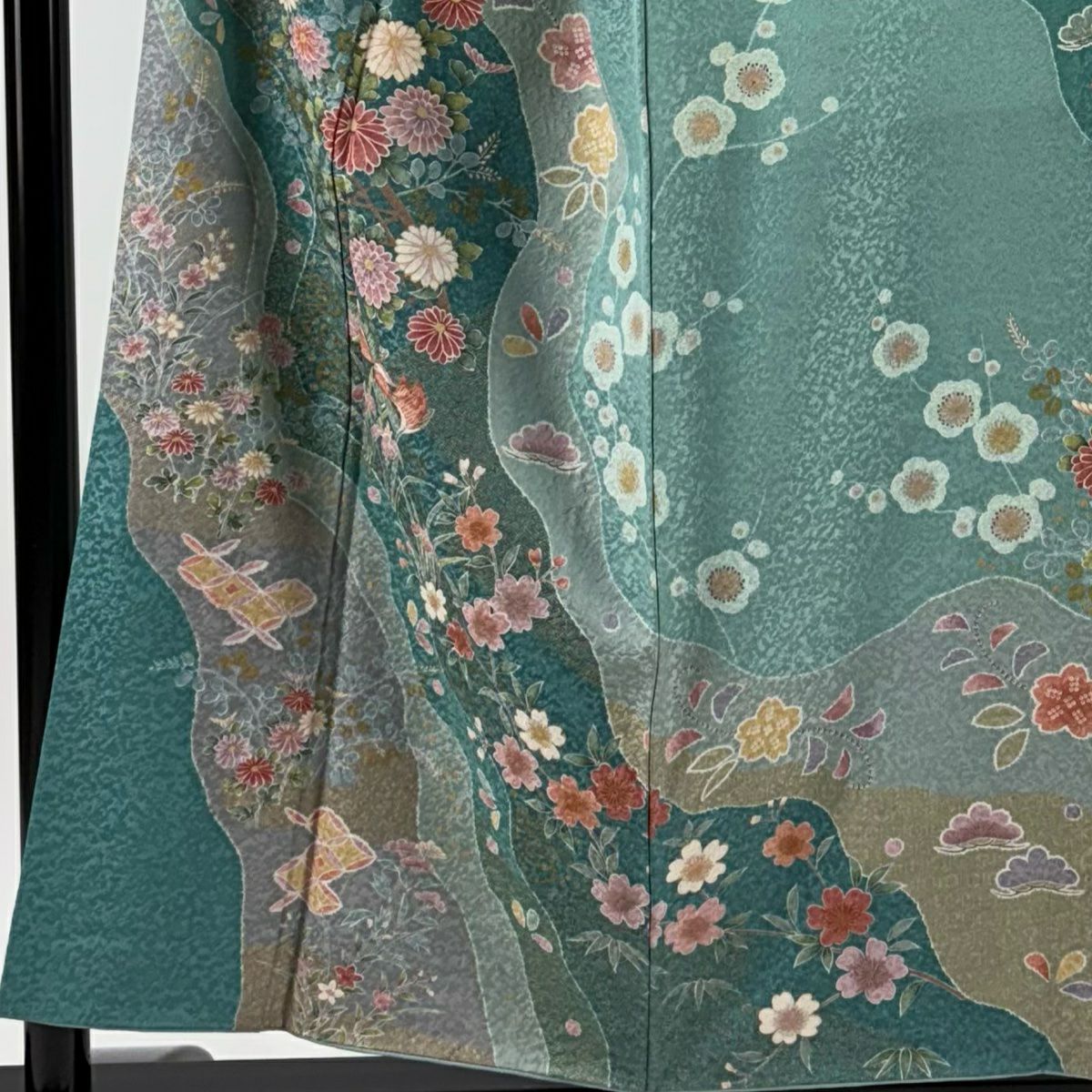 【清倉特賣】訪問服 身長155cm 袖長66.5cm M 雙層 草花紋紋 鴛鴦 金銀彩 淺青綠 純蠶絲 名品級