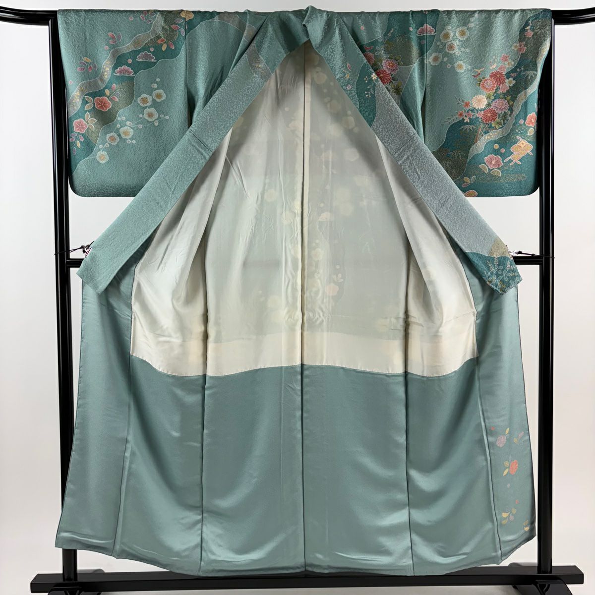 【清倉特賣】訪問服 身長155cm 袖長66.5cm M 雙層 草花紋紋 鴛鴦 金銀彩 淺青綠 純蠶絲 名品級