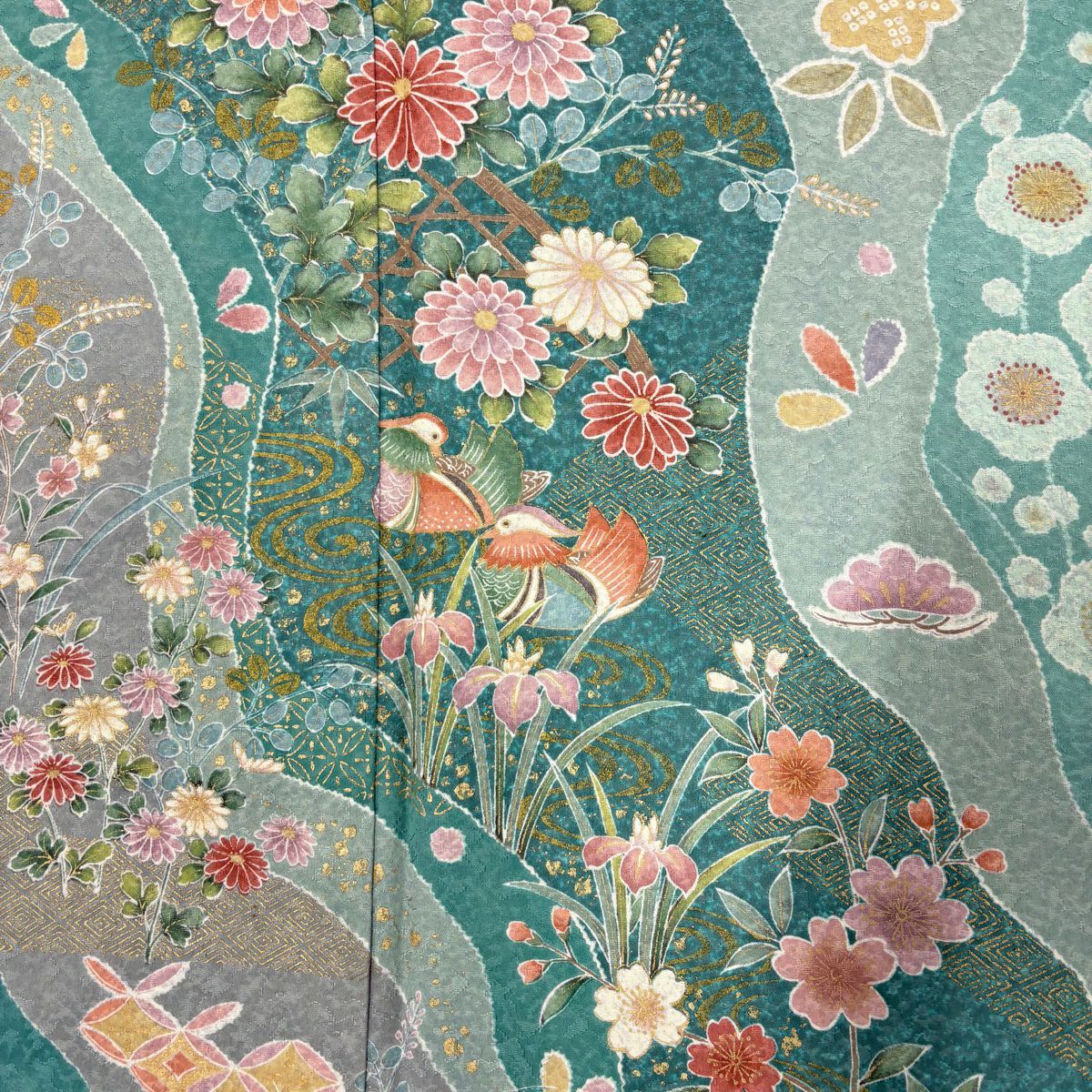 【清倉特賣】訪問服 身長155cm 袖長66.5cm M 雙層 草花紋紋 鴛鴦 金銀彩 淺青綠 純蠶絲 名品級