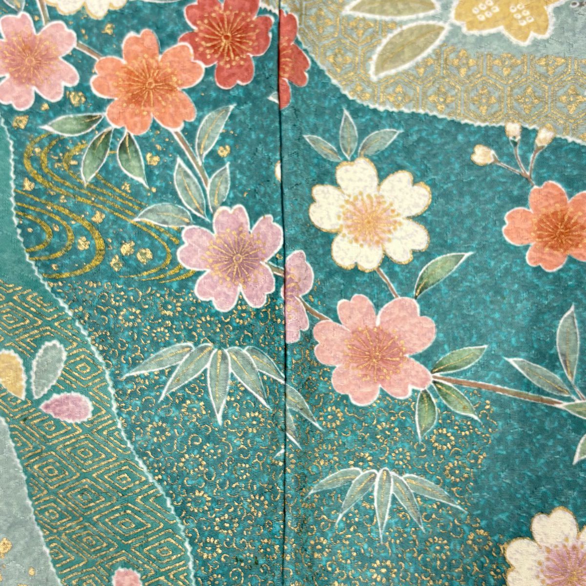 【清倉特賣】訪問服 身長155cm 袖長66.5cm M 雙層 草花紋紋 鴛鴦 金銀彩 淺青綠 純蠶絲 名品級