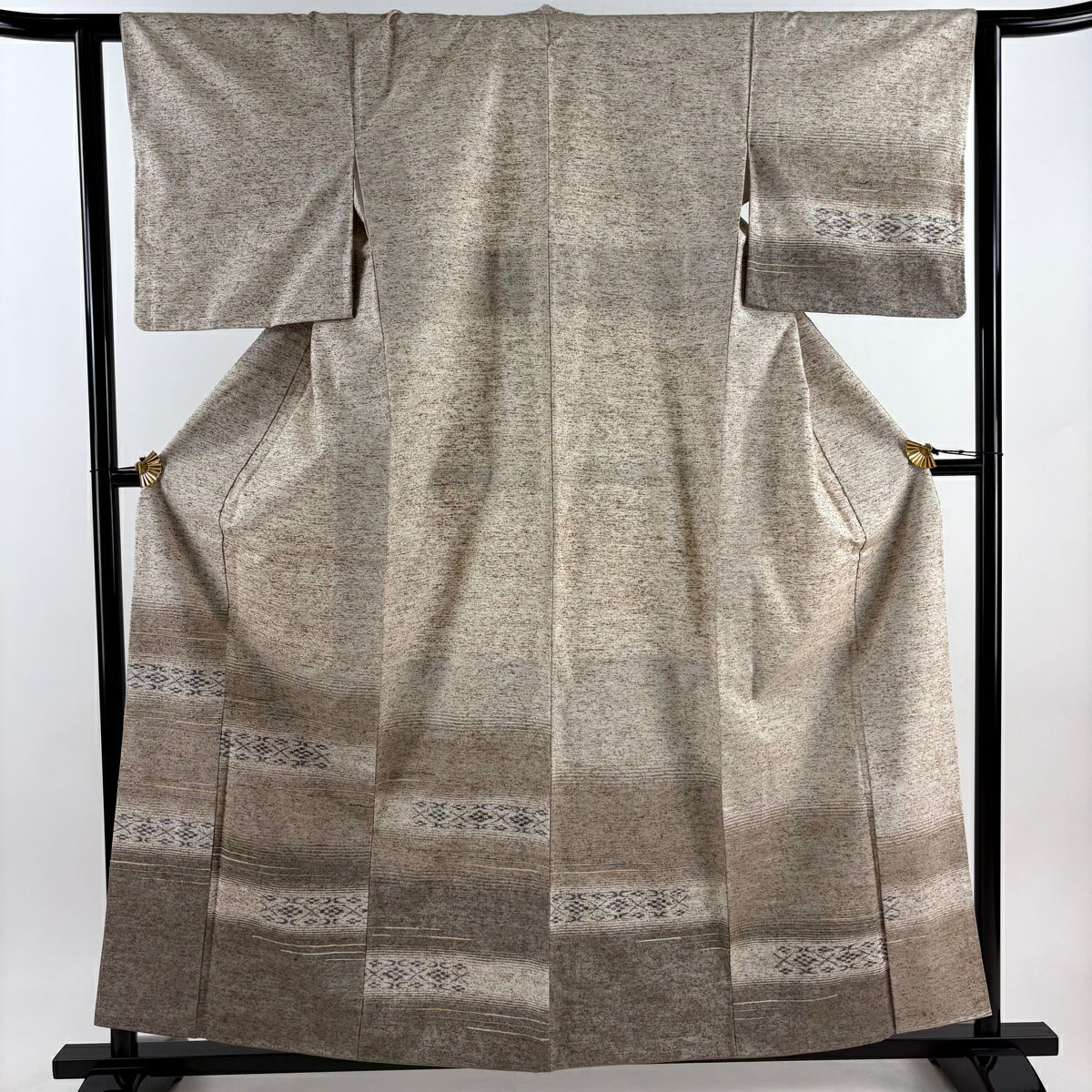 【庫存清倉】 付下 身長158cm 袖長62.5cm S 雙層 紬織織 橫段 幾何學 薄茶 純蠶絲 美品 名品級