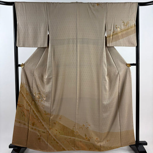 【庫存清倉】訪問服 身長162cm 袖長65cm M 雙層 翠山刺繡 草花紋 紋樣 刺繡 灰茶 純蠶絲 名品級