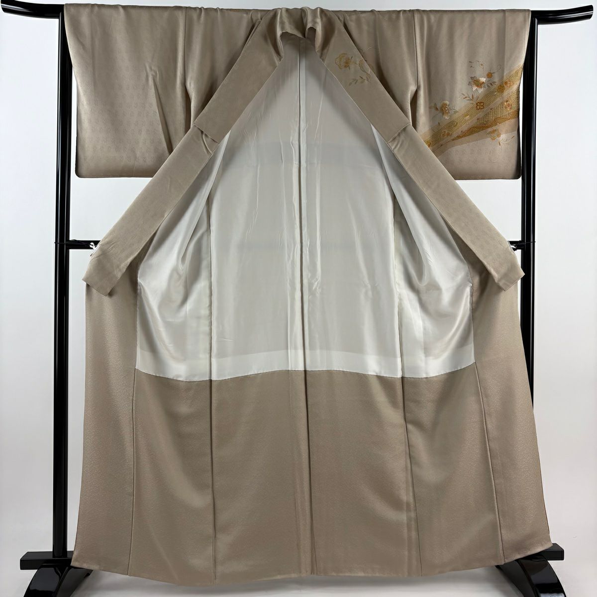 【庫存清倉】訪問服 身長162cm 袖長65cm M 雙層 翠山刺繡 草花紋 紋樣 刺繡 灰茶 純蠶絲 名品級