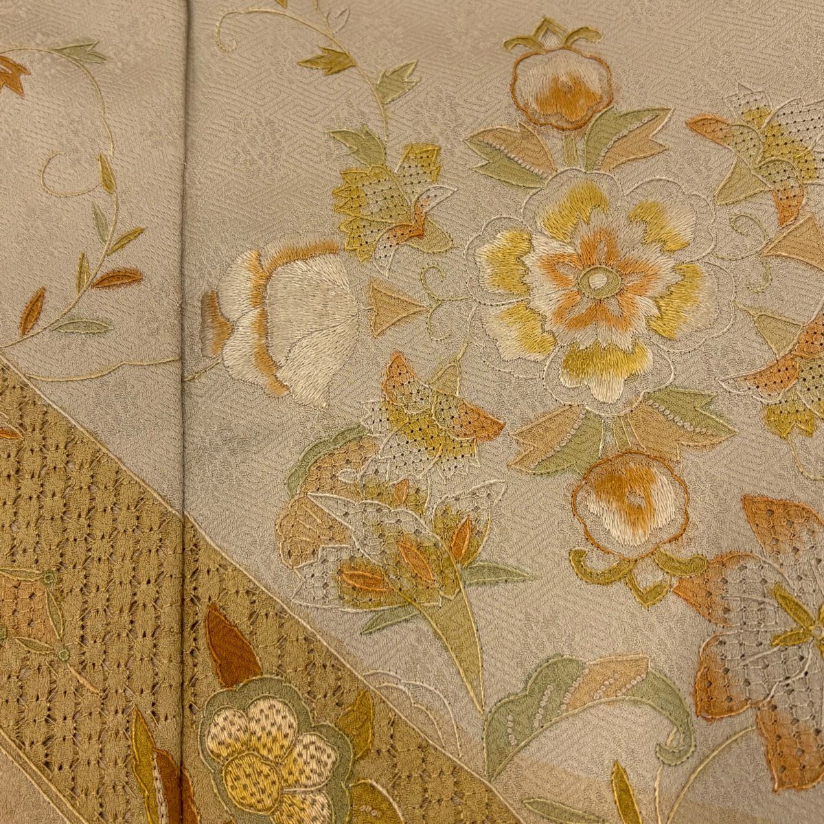 【庫存清倉】訪問服 身長162cm 袖長65cm M 雙層 翠山刺繡 草花紋 紋樣 刺繡 灰茶 純蠶絲 名品級