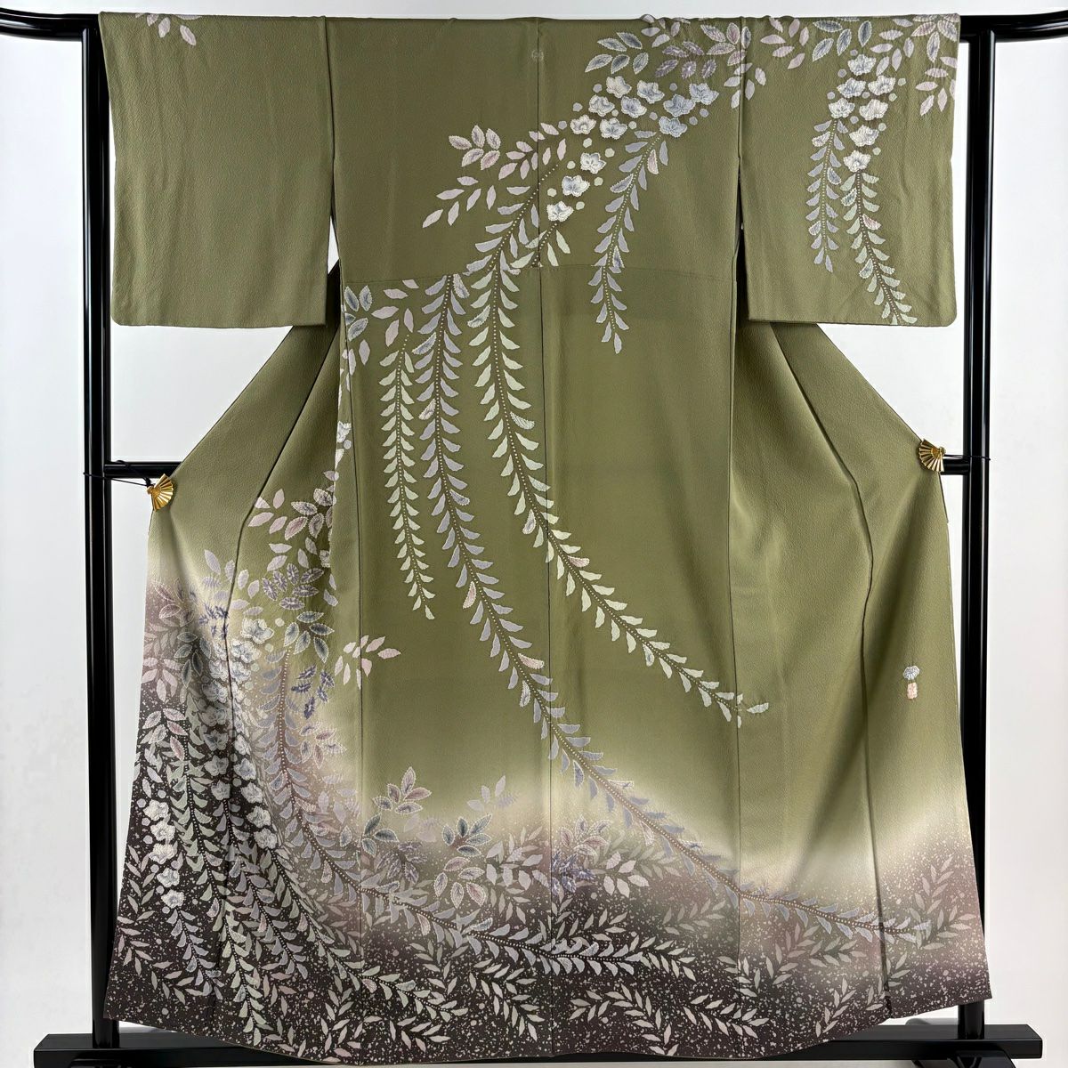 【庫存清倉】訪問服 身長156.5cm 袖長63cm S 雙層 落款 草花紋紋 漸層 染分 鶯色 純蠶絲 美品 名品級 一つ紋