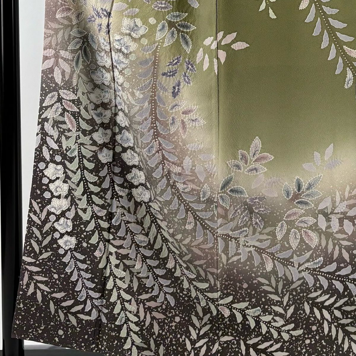 【庫存清倉】訪問服 身長156.5cm 袖長63cm S 雙層 落款 草花紋紋 漸層 染分 鶯色 純蠶絲 美品 名品級 一つ紋