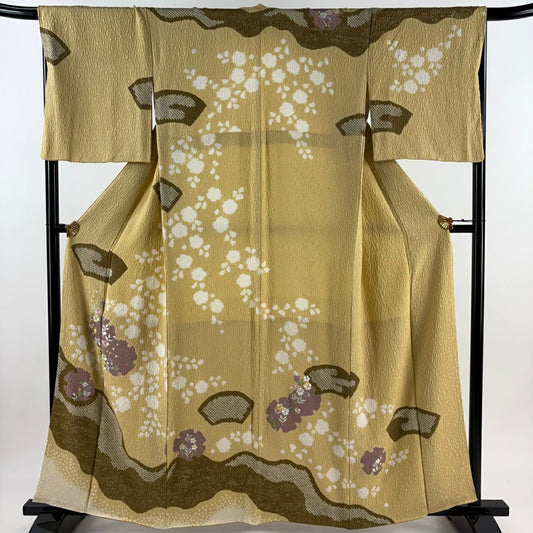 【庫存清倉】訪問服 身長160cm 袖長67.5cm L 雙層 雪輪 草花紋紋 絞染 刺繡 淡黃土 純蠶絲 名品級