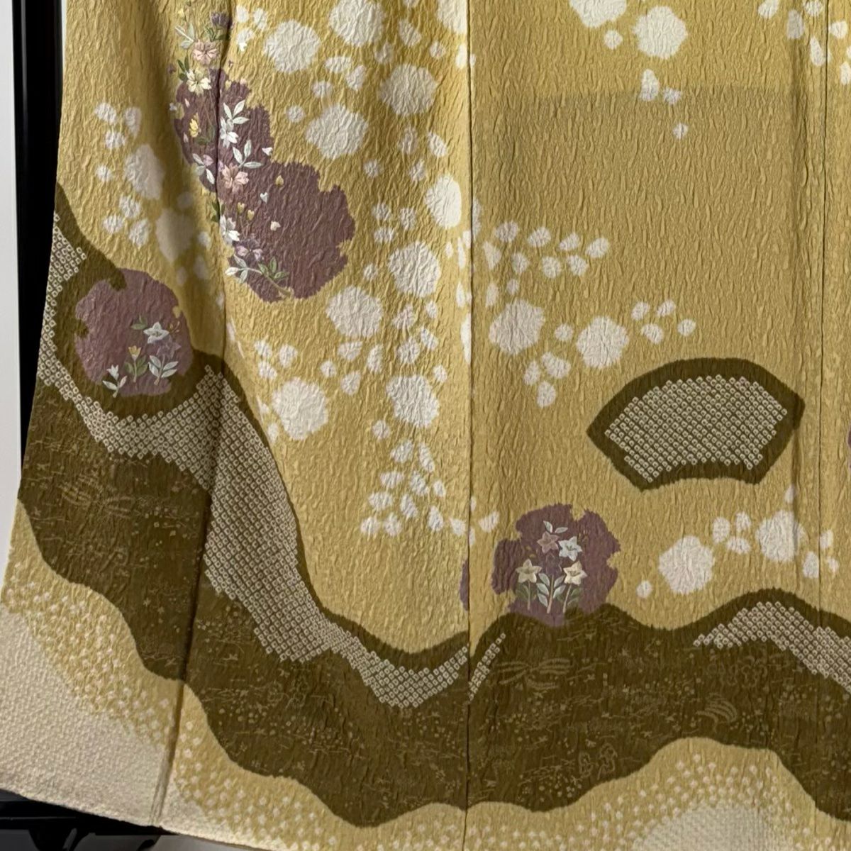 【庫存清倉】訪問服 身長160cm 袖長67.5cm L 雙層 雪輪 草花紋紋 絞染 刺繡 淡黃土 純蠶絲 名品級
