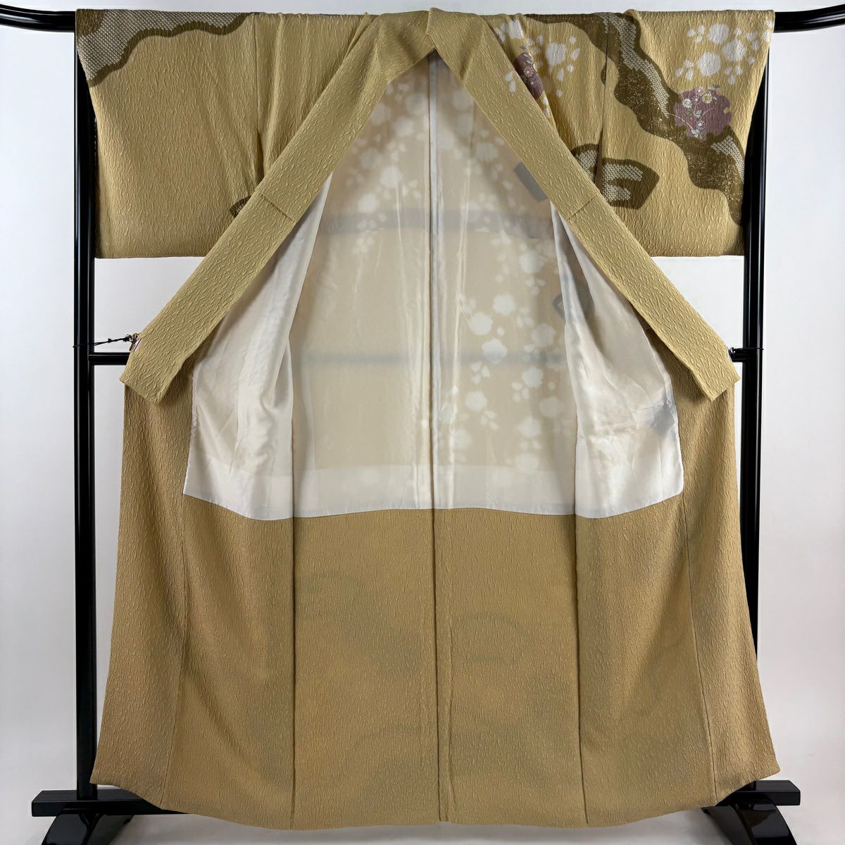 【庫存清倉】訪問服 身長160cm 袖長67.5cm L 雙層 雪輪 草花紋紋 絞染 刺繡 淡黃土 純蠶絲 名品級