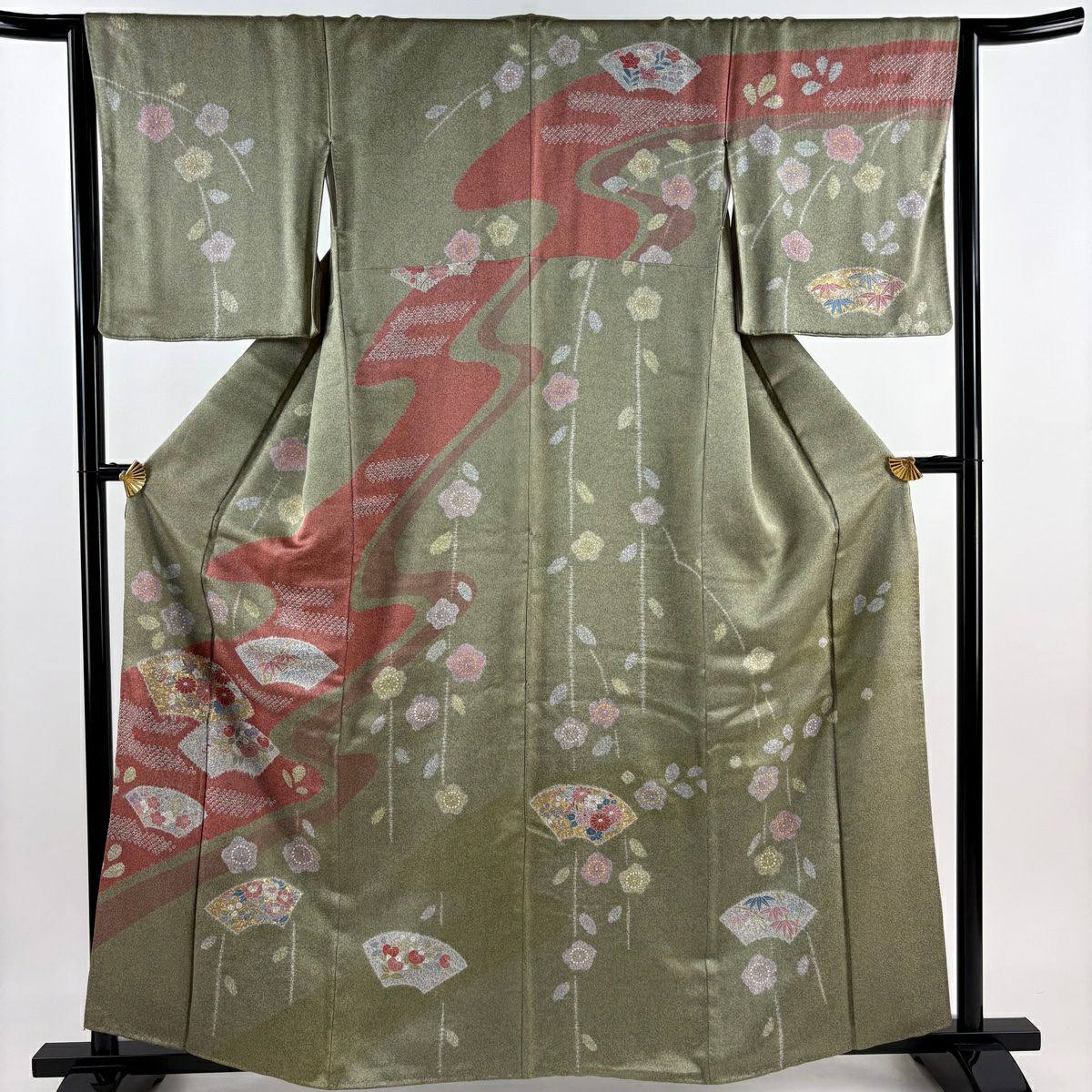 【庫存清倉】訪問服 身長162cm 袖長63.5cm S 雙層 扇子面 草花紋紋 金通 金銀彩 茶綠 純蠶絲 名品級