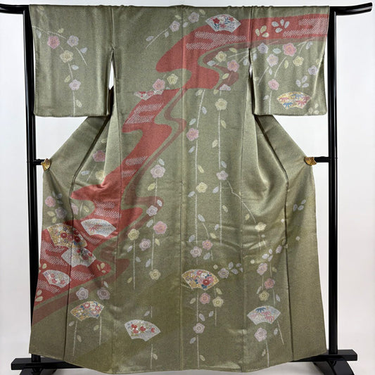 【庫存清倉】訪問服 身長162cm 袖長63.5cm S 雙層 扇子面 草花紋紋 金通 金銀彩 茶綠 純蠶絲 名品級