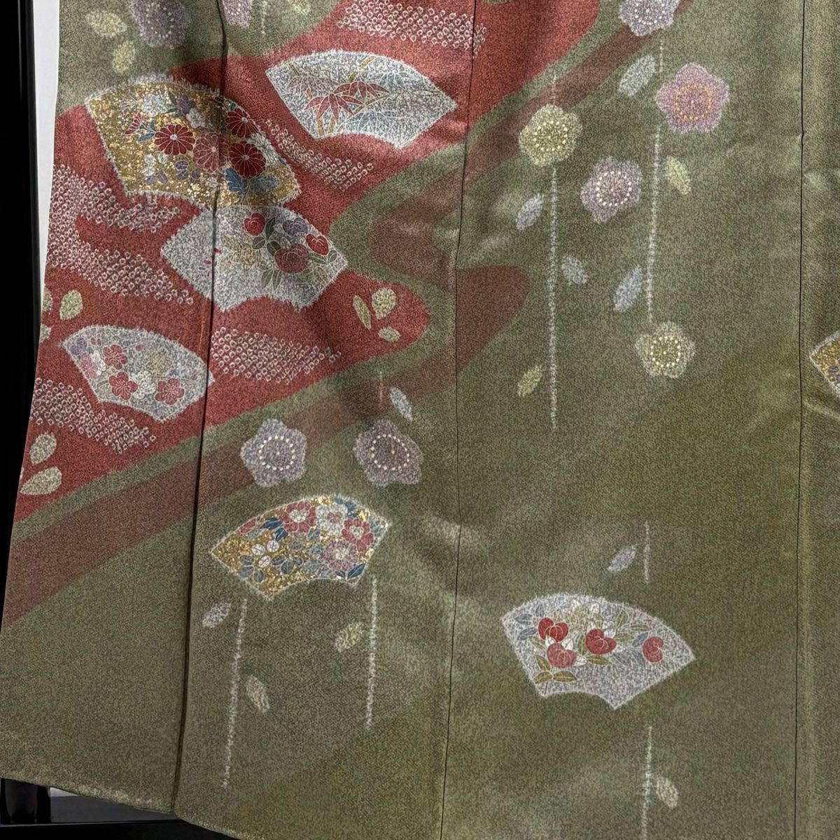 【庫存清倉】訪問服 身長162cm 袖長63.5cm S 雙層 扇子面 草花紋紋 金通 金銀彩 茶綠 純蠶絲 名品級