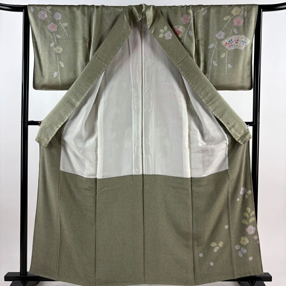 【庫存清倉】訪問服 身長162cm 袖長63.5cm S 雙層 扇子面 草花紋紋 金通 金銀彩 茶綠 純蠶絲 名品級