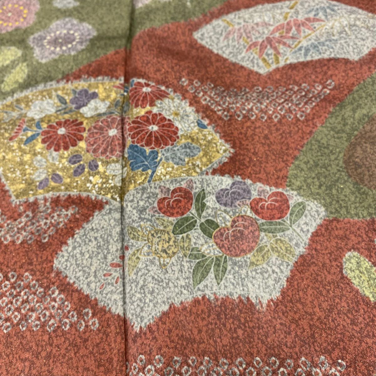 【庫存清倉】訪問服 身長162cm 袖長63.5cm S 雙層 扇子面 草花紋紋 金通 金銀彩 茶綠 純蠶絲 名品級