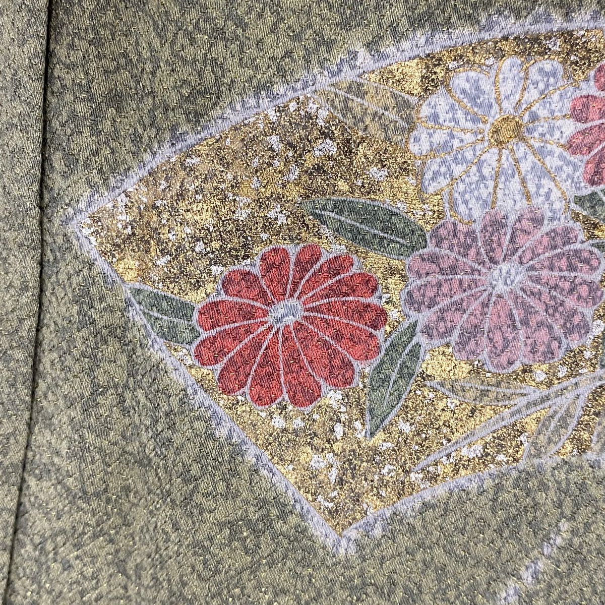 【庫存清倉】訪問服 身長162cm 袖長63.5cm S 雙層 扇子面 草花紋紋 金通 金銀彩 茶綠 純蠶絲 名品級
