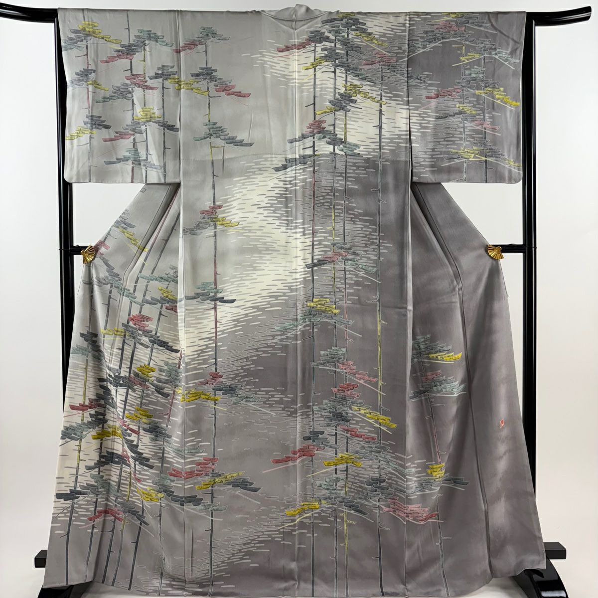 【庫存清倉】訪問服 身長167.5cm 袖長65cm M 雙層 附款 松樹 灰色 純蠶絲 名品級