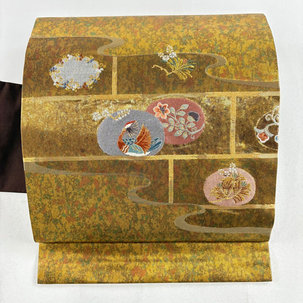 【庫存清倉】 名古屋帶 美品 優品級 花鳥 違棚 金銀絲 金金箔 金色 純蠶絲