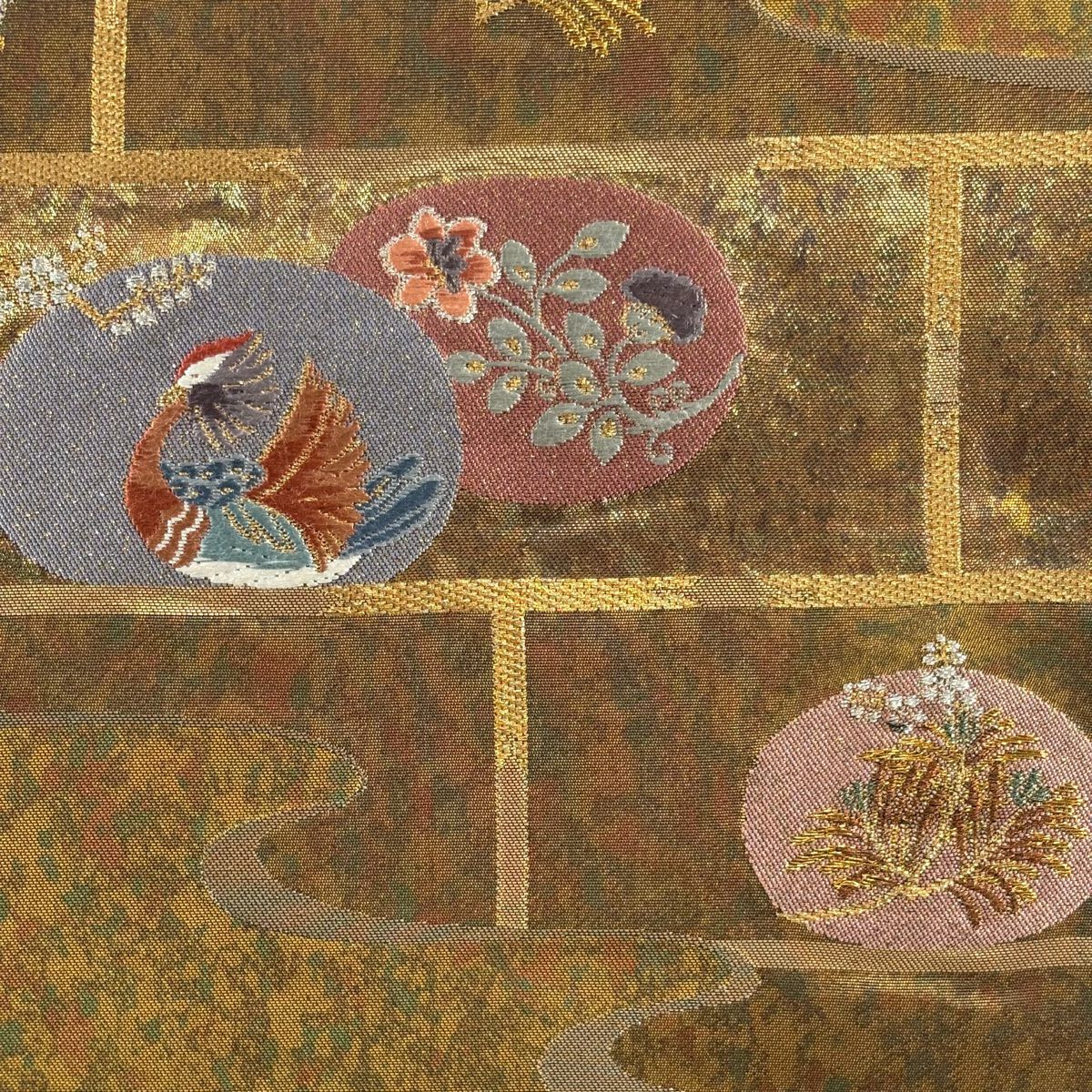 【庫存清倉】 名古屋帶 美品 優品級 花鳥 違棚 金銀絲 金金箔 金色 純蠶絲