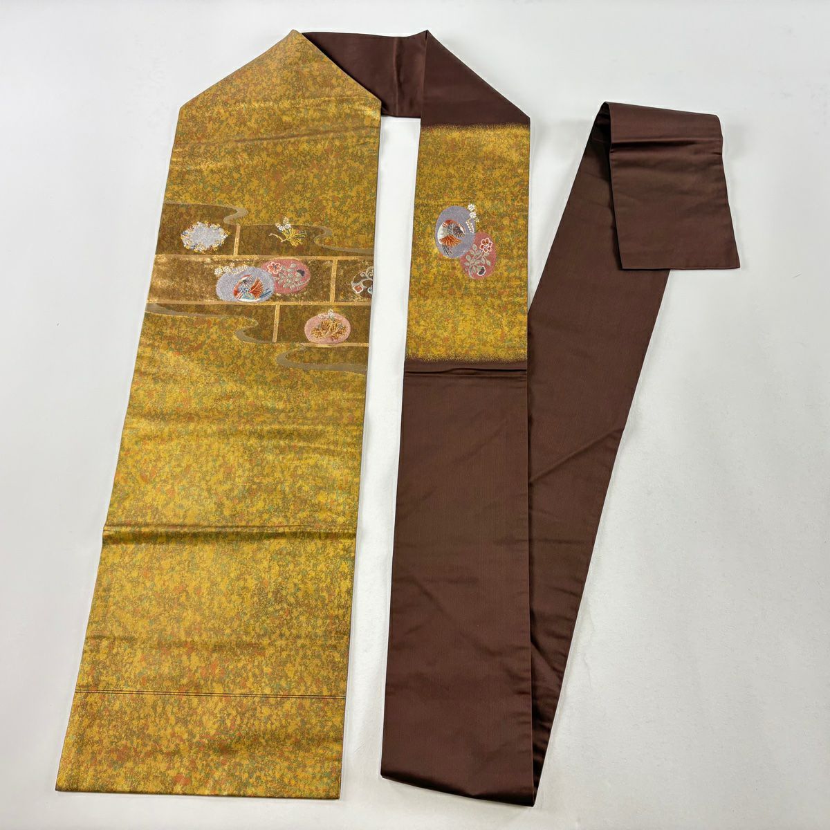 【庫存清倉】 名古屋帶 美品 優品級 花鳥 違棚 金銀絲 金金箔 金色 純蠶絲