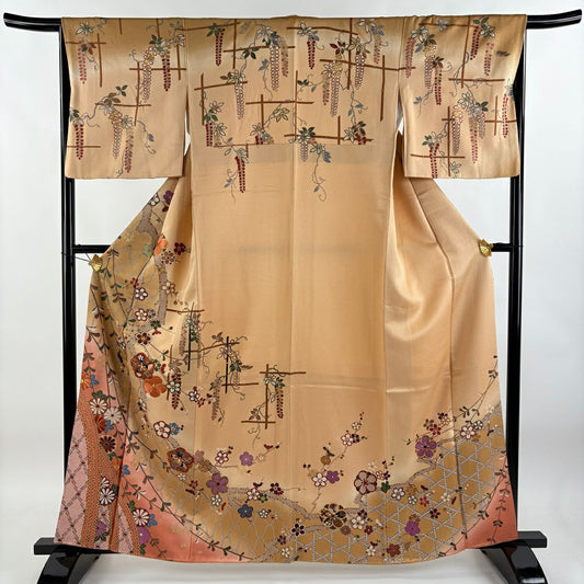 【庫存清倉】訪問服 身長161cm 袖長66cm M 雙層 梅花 網目 金絲 刺繡 淺茶 純蠶絲 優品級