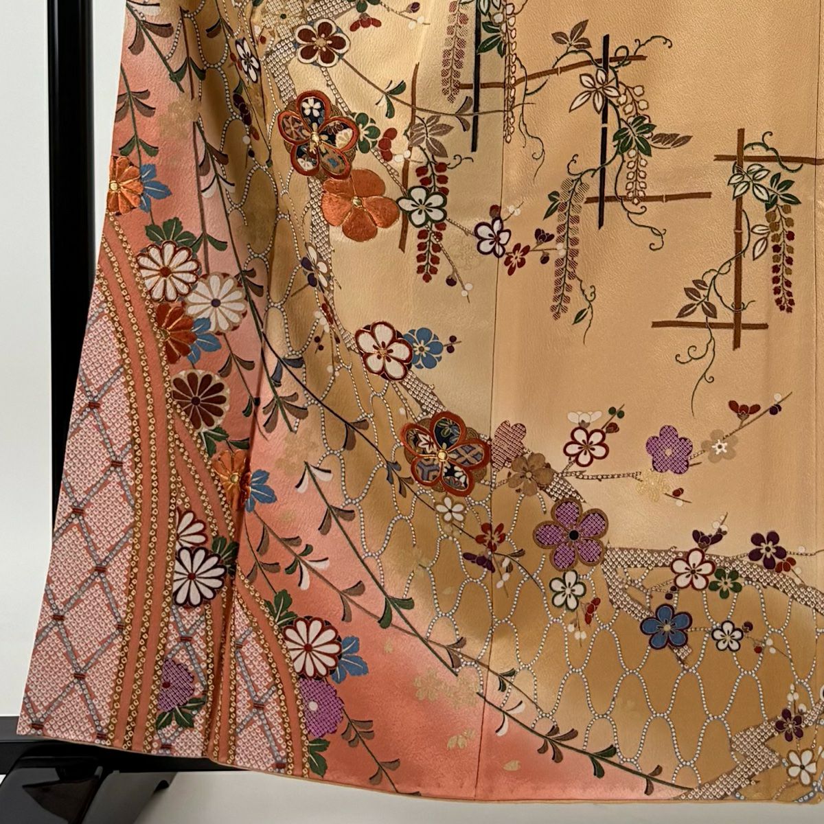 【庫存清倉】訪問服 身長161cm 袖長66cm M 雙層 梅花 網目 金絲 刺繡 淺茶 純蠶絲 優品級