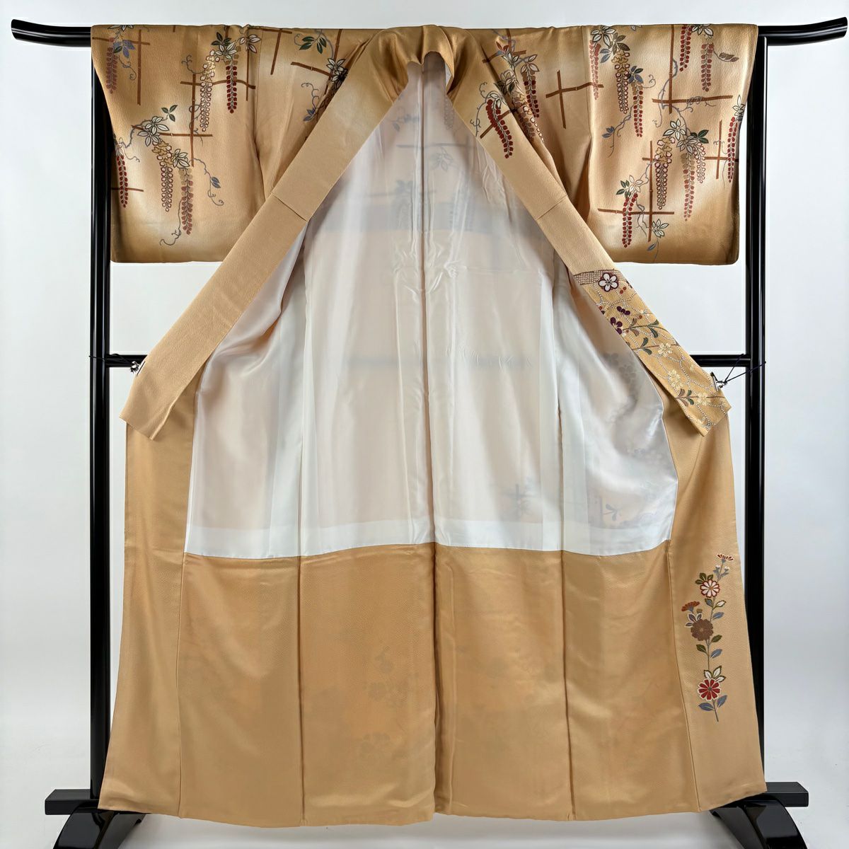 【庫存清倉】訪問服 身長161cm 袖長66cm M 雙層 梅花 網目 金絲 刺繡 淺茶 純蠶絲 優品級