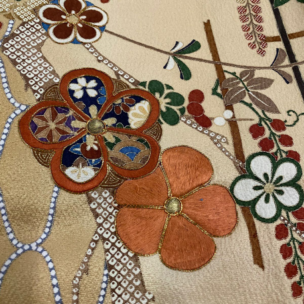 【庫存清倉】訪問服 身長161cm 袖長66cm M 雙層 梅花 網目 金絲 刺繡 淺茶 純蠶絲 優品級