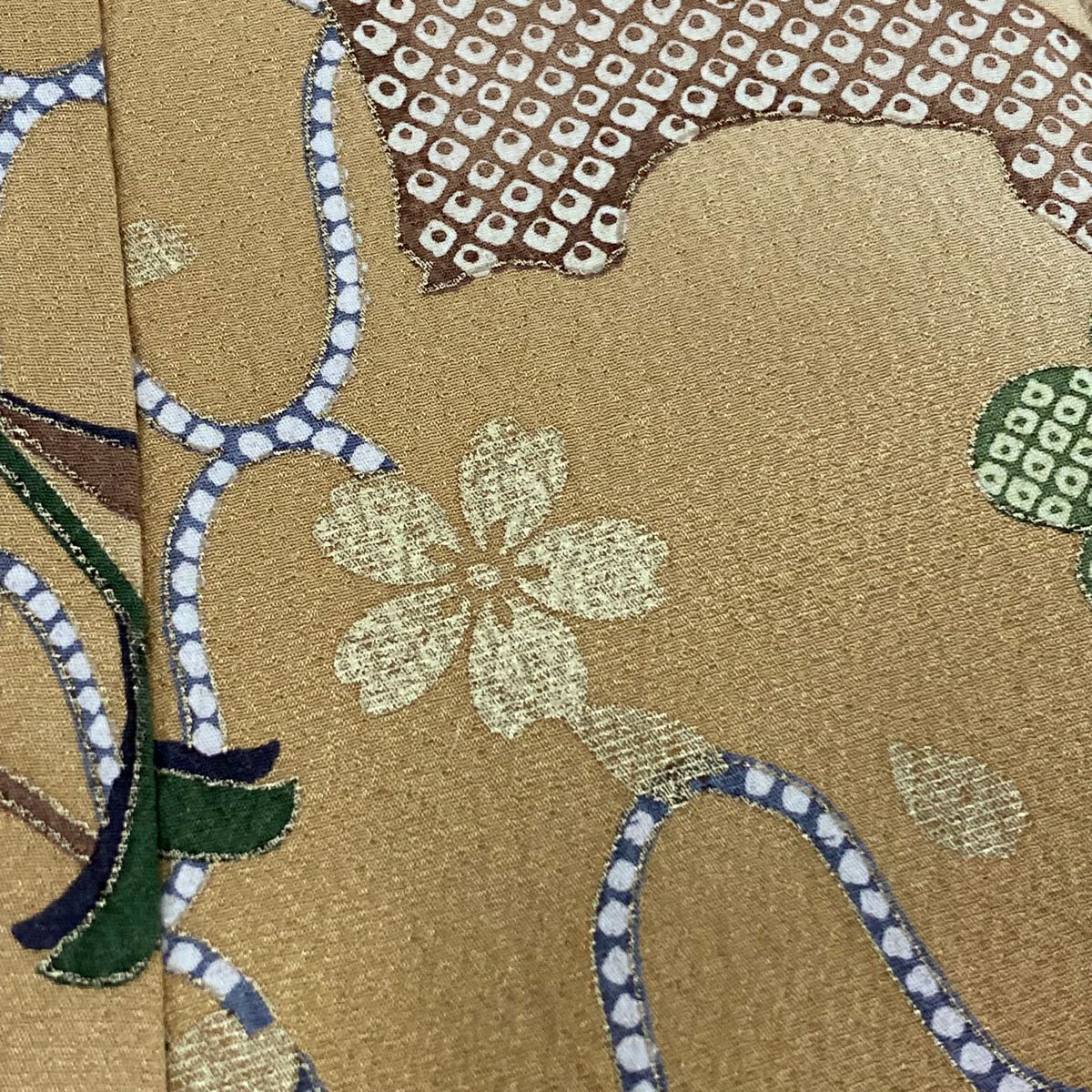 【庫存清倉】訪問服 身長161cm 袖長66cm M 雙層 梅花 網目 金絲 刺繡 淺茶 純蠶絲 優品級