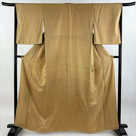 【庫存清倉】 付下 身長162cm 袖長67cm M 雙層 葉紋 金線 金銀彩 淡黃土 純蠶絲 優品級