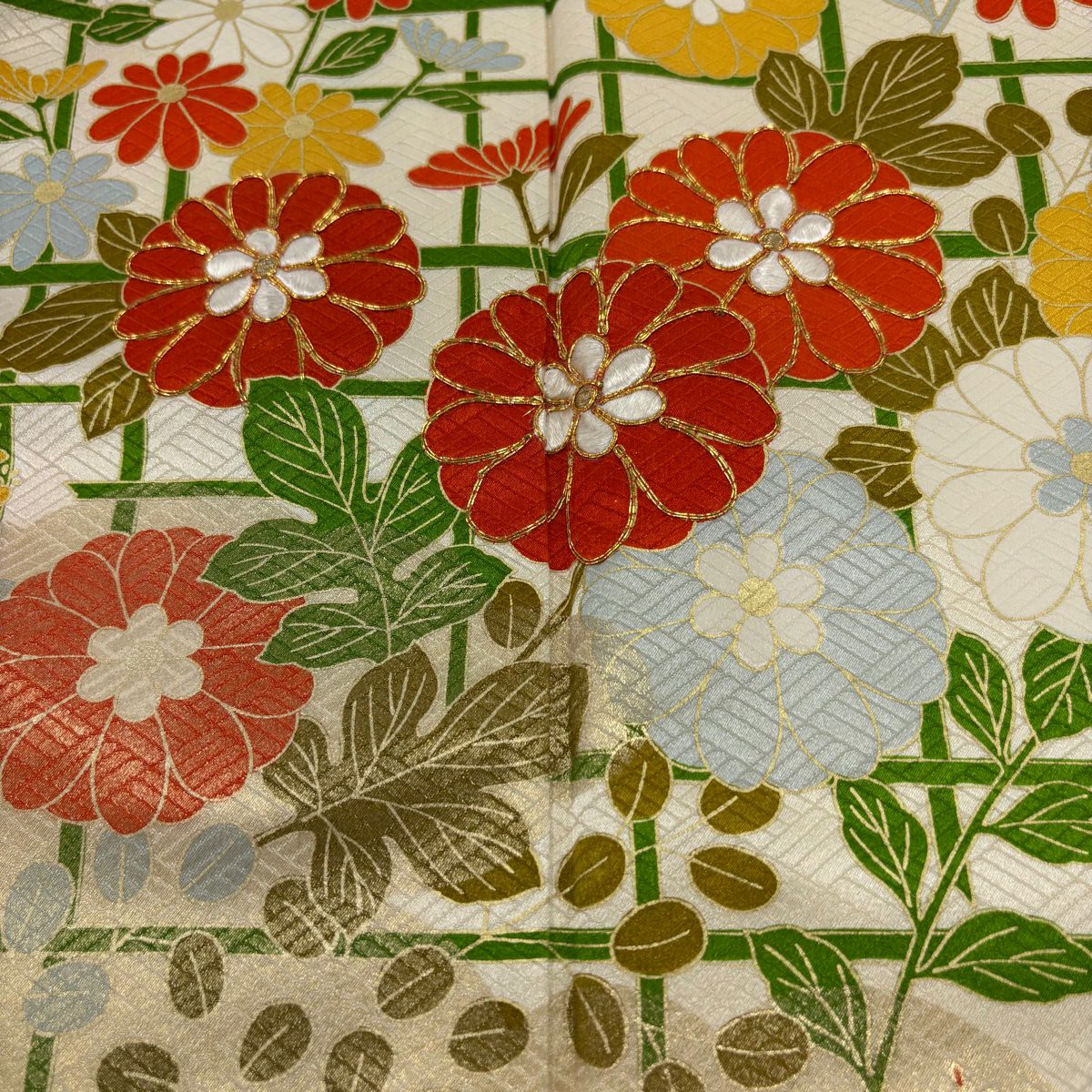 【庫存清倉】訪問服 身長155cm 袖長62.5cm S 雙層 菊花 雲紋 金絲 金銀彩 奶油色 純蠶絲 優品級