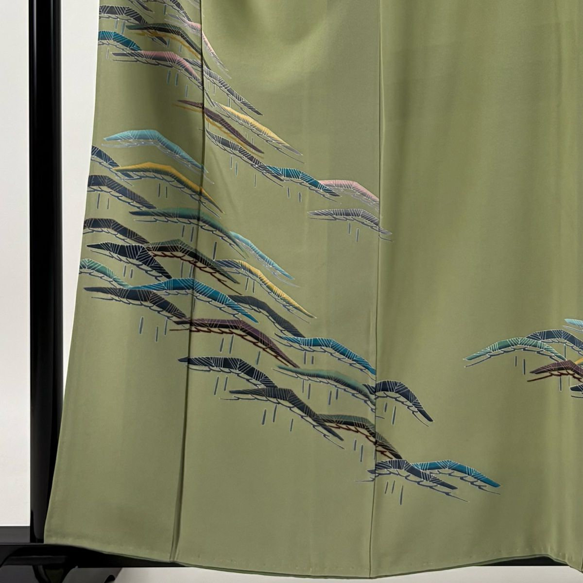 【庫存清倉】 付下 身長158cm 袖長66cm M 雙層 落款有 笠松樹 金銀彩 灰綠 純蠶絲 優品級