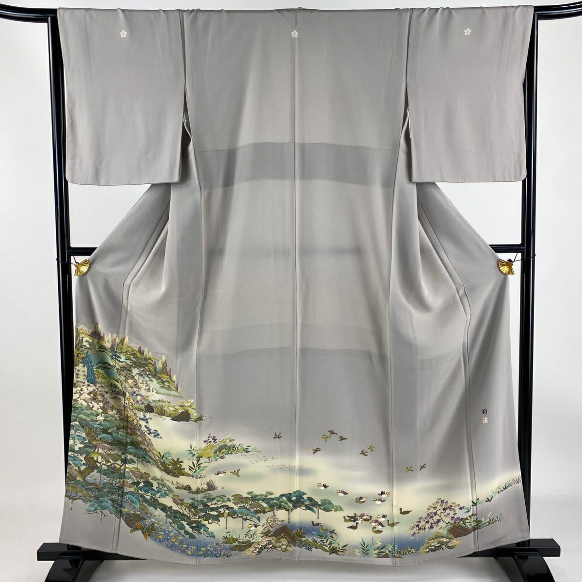 【清倉特賣】 留袖禮服禮服 身長160cm 袖長65cm M 雙層 落款有 風景 松樹樹 染分 灰色 純蠶絲 優品級 三個紋樣