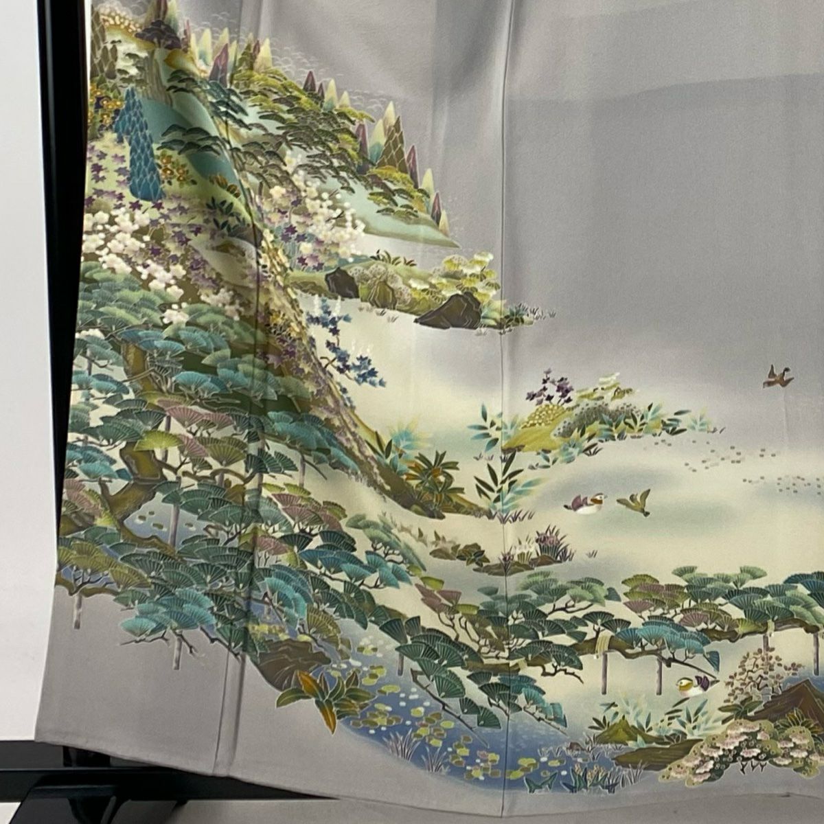 【清倉特賣】 留袖禮服禮服 身長160cm 袖長65cm M 雙層 落款有 風景 松樹樹 染分 灰色 純蠶絲 優品級 三個紋樣