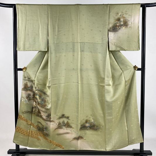 【庫存清倉】 付下 身長153.5cm 袖長62.5cm S 雙層 風景 建築 金銀彩 漸層 抹茶 純蠶絲 優品級